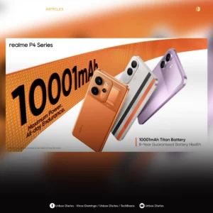 A digital promotional graphic for the realme P4 Series smartphone lineup from Unbox Diaries. The top of the image features a blurred orange background with the word "ARTICLES" in yellow and a small logo. In the center, a marketing banner shows three smartphones angled forward against a white backdrop. A large, textured orange ribbon cuts diagonally across the scene, bearing the bold text "10001mAh" and the tagline "Maximum Power. All-day Endurance." The phones include a prominent metallic orange model in the front, followed by a white model with vertical grey and orange racing stripes, and a light purple model in the back. Text in the bottom right corner reads "10001mAh Titan Battery" and "8-Year Guaranteed Battery Health." The very bottom of the frame has a black border displaying social media handles for Unbox Diaries and TechBeans.