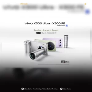 A social media graphic from Unbox Diaries featuring the promotional poster for the vivo X300 Ultra and X300 FE product launch event on May 23, 2026, at 6:00 PM. The main promotional artwork—showing the smartphones, the specialized silver camera grip rig, and detachable ZEISS lenses—is centered against a clean white background. The top of the image features a blurred-out header with the text "UNBOX DIARIES / ARTICLES" in the upper-left corner. The bottom of the graphic contains social media handles with icons for "Unbox Diaries - Vince Domingo / Unbox Diaries / TechBeans" on Facebook and "Unbox Diaries" on YouTube.