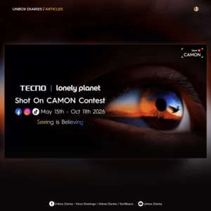 A screenshot of a tech article preview banner from Unbox Diaries. The featured image shows a close-up, dramatic macro shot of a human eye looking to the right. Reflected vividly inside the iris is a stunning sunset landscape silhouette with a bird in flight. Overlaid text on the left features the joint logos of TECNO and Lonely Planet, the "Shot On CAMON Contest" title, social media icons, the campaign dates, and the tagline "Seeing is Believing."