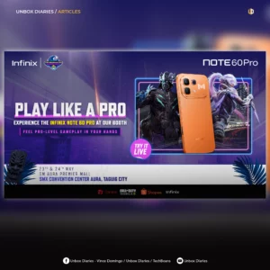 Promotional banner on a website layout featuring the Infinix NOTE 60 Pro smartphone for CODM Summer Fest 2026. The orange smartphone is shown from the back next to Call of Duty: Mobile character artwork. Bold text reads "PLAY LIKE A PRO" and details the event on 23rd & 24th May at SMX Convention Center Aura, SM Aura Premier Mall, Taguig City. Brand logos for Garena, Call of Duty Mobile, Shopee, and Infinix are at the bottom. The banner is framed by website headers for "UNBOX DIARIES / ARTICLES" and social media links at the very bottom.