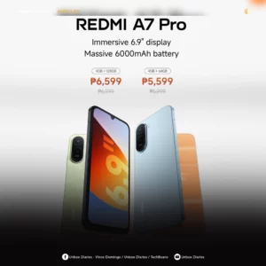 A promotional tech review banner from Unbox Diaries featuring the REDMI A7 Pro. The layout mirrors the official product graphic, showing the text "Immersive 6.9-inch display" and "Massive 6000mAh battery" alongside the promo prices of 5,599 Pesos and 6,599 Pesos. The lower third of the image fades into a dark vignette, displaying social media handles for Unbox Diaries, Vince Domingo, and TechBeans at the bottom.