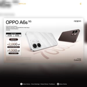 A square social media graphic framing the OPPO A6s 5G promotional banner inside a white card border. The top banner area reads "UNBOX DIARIES / ARTICLES" in white and yellow text next to a small logo. The central graphic features the OPPO A6s 5G phones in Ice White and Cappuccino Brown, detailing features like a 7000mAh battery, 80W flash charging, and IP69 resistance, alongside retail prices and limited-time launch discounts. The bottom section has a dark background featuring social media handles for Unbox Diaries and TechBeans on Facebook and YouTube.