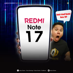 A promotional graphic featuring a large smartphone screen displaying the text "REDMI Note 17" in bold lettering. To the right, a man with a shocked, wide-mouthed facial expression looks toward a speech bubble that reads "Bakit hindi Redmi Note 16?" in Tagalog. The background has a blue digital matrix pattern.