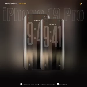 A conceptual digital mockup titled 'iPhone 19 Pro' by Unbox Diaries. It depicts two dark metallic smartphones side-by-side on a blurred background, featuring a radical bezel-less, quad-curved glass display showing a large lock-screen clock with no notch or camera cutout visible.