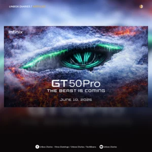 A social media graphic by Unbox Diaries featuring the Infinix GT 50 Pro "The Beast is Coming" cybernetic eye teaser in the center. The header reads "UNBOX DIARIES / ARTICLES," and the bottom includes social media handles for Vince Domingo, TechBeans, and Unbox Diaries against a blurred dark gradient background.