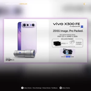 A widescreen web banner displayed in 20260525-113325.jpg featuring a framed promotional graphic for the vivo X300 FE. The left side shows the Mist Purple smartphone and its detached silver ZEISS telephoto lens with the "Powered by OriginOS" logo. The right side outlines the pre-order details from May 23 to June 5, 2026, and lists exclusive freebies including a VIP card, vivo Buds Air3, and a photography bag. The top left is branded with "UNBOX DIARIES / ARTICLES."