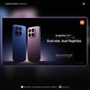 Promotional graphic by Unbox Diaries featuring two smartphones against a dark background with a purple neon border. On the left is a larger dark blue smartphone and next to it is a slightly smaller metallic lavender/pink smartphone, both showing their rear panels with square quad-camera arrays. To the right, white text reads "Xiaomi 17T Series, CO-ENGINEERED WITH Leica, Dual size, dual flagships." Below it, smaller text announces "Xiaomi Launch May 2026, 28.05.2026 | 14:00 GMT+2." The Unbox Diaries logo and social handles are visible at the top and bottom borders.