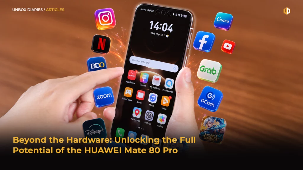 A person holding a black Huawei smartphone over a wooden table background, surrounded by floating, glowing 3D app icons like Instagram, Netflix, BDO, Zoom, Disney+, Canva, Facebook, YouTube, Grab, GCash, and Mobile Legends. Prominent yellow and white text at the bottom reads, "Beyond the Hardware: Unlocking the Full Potential of the HUAWEI Mate 80 Pro." The top left corner displays the "UNBOX DIARIES / ARTICLES" branding.