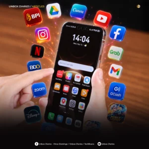 A person holding a black Huawei smartphone against a dark background, with a burst of glowing light effects emanating from the screen. Floating in a semi-circle around the phone are 3D-styled icons of popular apps including BPI, Google Drive, Canva, YouTube, Facebook, Grab, Gmail, GCash, Mobile Legends, Disney+, Zoom, BDO, Netflix, and Instagram. The top left features the text "UNBOX DIARIES / ARTICLES" and social media handles are listed at the bottom.