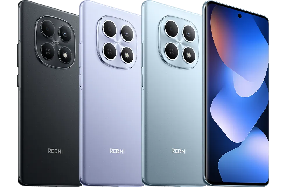 A product render showcasing three REDMI Note 15 smartphones lined up side-by-side in dark gray, pastel purple, and light blue colors. The back panels feature a prominent, square-shaped camera module with four circular lenses. The phone on the far right is turned to display its front screen, which features a curved glass display with a center punch-hole camera and a blue abstract wallpaper.