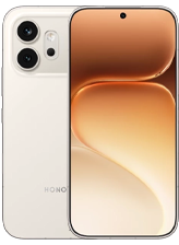 A front and back view of the HONOR 600 Pro smartphone in a Cream/Off-White color. The back features a prominent square camera island with three large circular lenses arranged in a triangular pattern. The front shows a full-screen display with a centered pill-shaped cutout at the top and a warm, flowing abstract wallpaper in shades of bronze and gold.