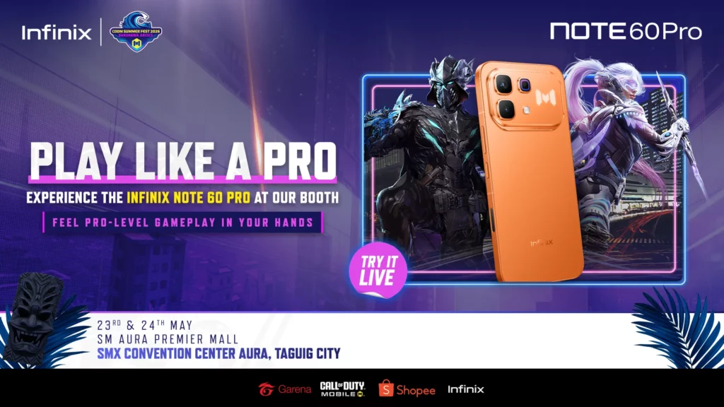 Full-width promotional banner for the Infinix NOTE 60 Pro at the CODM Summer Fest 2026. An orange Infinix NOTE 60 Pro smartphone is displayed alongside two futuristic Call of Duty: Mobile characters. Large text reads "PLAY LIKE A PRO" and "EXPERIENCE THE INFINIX NOTE 60 Pro AT OUR BOOTH" with a "TRY IT LIVE" badge. The bottom of the banner lists the event details: 23rd & 24th May at SM Aura Premier Mall, SMX Convention Center Aura, Taguig City, along with partner logos for Garena, Call of Duty Mobile, Shopee, and Infinix.