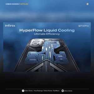 Promotional banner for the Infinix GT 50 Pro featuring the text "HyperFlow Liquid Cooling: Ultimate Efficiency." The background shows a smoky blue design, and the center displays a close-up translucent view of the phone’s back panel, highlighting intricate glowing blue liquid cooling channels running across the hardware.