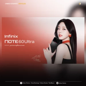 A promotional banner for the Infinix NOTE 60 Ultra, featuring Yuna from ITZY as the Global Brand Ambassador. She is holding a black version of the phone, which features a carbon-fiber textured back and a large camera module. The text "DESIGN BY pininfarina" is visible, set against a red and white gradient background.