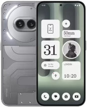 The image Nothing Phone (2a) Plus shows a smartphone with a metallic grey, industrial design featuring a transparent back that reveals coiled internal circuitry and a glowing Glyph Interface. Centered on the rear is a horizontal dual-camera module, while the front display showcases a clean Nothing OS interface with monochrome widgets and a soft, abstract green wallpaper. The phone’s signature minimalist aesthetic is punctuated by rounded corners and the "nothing" logo in the bottom corner.