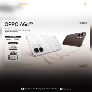 Promotional graphic for the OPPO A6s 5G featuring two smartphones in Ice White and Cappuccino Brown. The white model is angled to show a textured, wavy back panel and a dual-lens camera system. Key features listed include 60-Month Fluency Protection, a 7000mAh Large Battery, 80W SUPERVOOC Flash Charge, and IP69 Water and Dust Resistance. A "Buy Now" section lists prices at ₱22,999 (6GB+128GB) and ₱25,999 (8GB+256GB). A "Benefits" box highlights a ₱2,000 discount for the 8GB+256GB model and a free portable fan valid until May 14, 2026. The bottom includes social media handles for Unbox Diaries, Vince Domingo, and TechBeans.