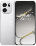 A product showcase of the OnePlus Nord CE6 featuring both the front and rear views. The back of the phone has a sleek, brushed silver finish with a dual-camera setup. The front display features the iconic "Never Settle" branding over a dark, metallic-themed wallpaper.