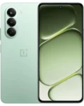 A product showcase of the OnePlus Nord CE6 Lite featuring both the front and rear views. The back of the phone is a pale mint green with a vertical triple-camera array and the OnePlus logo. The front shows a large display with a centered punch-hole camera and a green abstract pebble-style wallpaper.