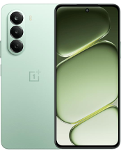 A product showcase of the OnePlus Nord CE6 Lite featuring both the front and rear views. The back of the phone is a pale mint green with a vertical triple-camera array and the OnePlus logo. The front shows a large display with a centered punch-hole camera and a green abstract pebble-style wallpaper.