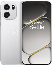 A product showcase of the OnePlus Nord CE6 featuring both the front and rear views. The back of the phone has a sleek, brushed silver finish with a dual-camera setup. The front display features the iconic "Never Settle" branding over a dark, metallic-themed wallpaper.