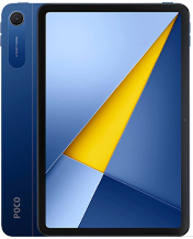 Product render of the POCO Pad C1 in blue. On the right, the front of the tablet is shown vertically with a black bezel, featuring an abstract geometric wallpaper with light blue, dark blue, and a sharp yellow triangular accent. On the left, a sliver of the tablet's blue back panel is visible, showing a circular rear camera lens housed in a capsule-shaped module, and the vertical "POCO" branding at the bottom left.