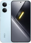 Front and back view of a light blue POCO X8 Pro Max. The back panel features two large, vertically aligned circular camera lenses on the top left, alongside the text "50MP" and a flash, with the "POCO" logo printed vertically at the bottom left. The front display features thin bezels, a centered punch-hole selfie camera at the top, and displays a dark abstract wallpaper with a glowing yellow accent.