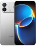 Front and back view of a silver REDMI K90 Max smartphone. The back features a dual-camera system housed in a rectangular module with "REDMI" branding at the bottom. The front showcases a nearly bezel-less display with a centered punch-hole camera and a vibrant, abstract blue and orange wallpaper.