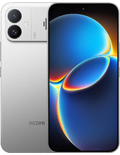 Front and back view of a silver REDMI K90 Max smartphone. The back features a dual-camera system housed in a rectangular module with "REDMI" branding at the bottom. The front showcases a nearly bezel-less display with a centered punch-hole camera and a vibrant, abstract blue and orange wallpaper.