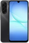 Front and rear view of a Samsung Galaxy A17 LTE. The device is dark gray with a large front screen displaying a light blue abstract wallpaper and a small 'Infinity-U' notch at the top. The back shows three circular camera lenses aligned vertically in the upper-left corner.