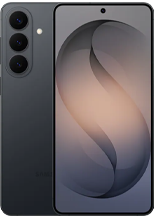 Front and back view of a Samsung Galaxy S26 Plus in Black. The device has a large, flat display on the front and a vertical triple-lens camera system on the back. The screen displays a soft, blue abstract "S" shaped wallpaper.