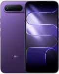 A product shot showcasing the front and back of a purple Tecno Spark 50 5G. The back of the device features a matte purple finish with a horizontal pill-shaped camera module at the top and the "TECNO" logo at the bottom. The front display shows a slim-bezel screen with a center punch-hole camera and a vibrant, abstract wallpaper consisting of flowing, purple glass-like curves.