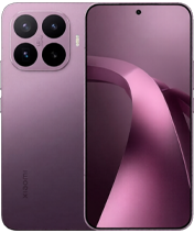 A back and front view of the Xiaomi 17T Pro in a deep plum or violet color. The back features a prominent square camera island with four large circular lenses and Leica branding. The front shows a bezel-less display with a centered punch-hole camera and a flowing, abstract pink wallpaper.