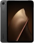 A dark grey or black Xiaomi Pad Mini, shown with its screen facing forward and its back visible on the left. The back has a small, circular single camera lens and an elongated, subtle module beneath it. The screen displays a bronze, abstract, textured wallpaper.