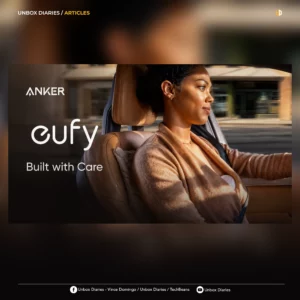 A digital header for an "Unbox Diaries" article featuring the same image of the woman in the car with the eufy wearable breast pump. The Anker eufy logo and "Built with Care" are prominent, with social media links for Unbox Diaries, Vince Domingo, and TechBeans at the bottom.
