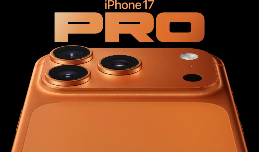 A close-up 3D render of the top back portion of a metallic, bronze-orange iPhone 17 Pro. The text 'iPhone 17 PRO' is displayed in bold, stylized orange letters in the black background above the prominent triple-camera housing.