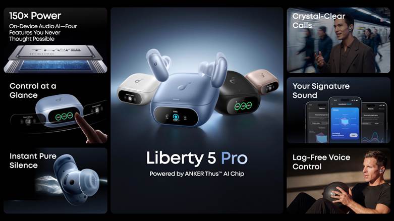 Product feature grid for the soundcore Liberty 5 Pro. The center panel showcases four color variants of the charging case (white, blue, black, and rose gold) alongside a pair of light blue earbuds. Surrounding smaller panels illustrate specific features: the Anker Thus chip, a finger touching the case's smart display (Control at a Glance), a close-up earbud driver, a man using them in a subway, smartphone app integration, and a man exercising.