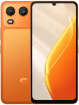 Product shot of an orange itel A200 smartphone shown from two angles. On the left, the matte orange back panel features a slightly lighter rectangular accent, a square camera module housing two large circular camera lenses, an LED flash, and an oval itel logo at the bottom. On the right, the front display is turned on, showing slim black bezels, a small teardrop notch for the front camera, and a bright, abstract wallpaper in shades of orange, yellow, and white.
