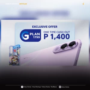 Promotional banner for the vivo V70 FE featuring the Globe GPlan 1799 logo. It highlights a one-time cash-out of P 1,400 and shows a close-up of the phone's rear camera module alongside a free limited edition Zsiga phone case.