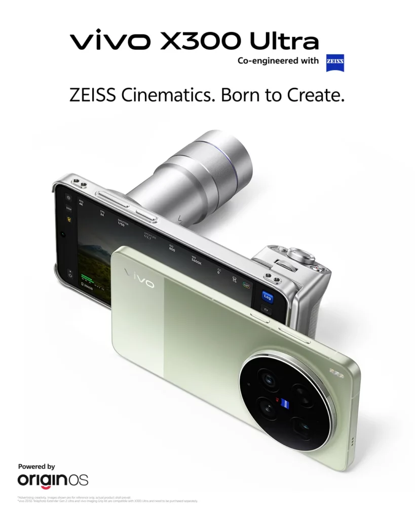 A promotional product poster for the vivo X300 Ultra, co-engineered with ZEISS, featuring the tagline "ZEISS Cinematics. Born to Create." The image showcases the light green smartphone from two angles. The foreground shows the back of the phone with its large, circular triple-lens camera module. The background shows the phone mounted horizontally inside a professional silver camera rig with an attached long silver telephoto lens tube, displaying a camera interface on the screen. The bottom corner notes "Powered by OriginOS".
