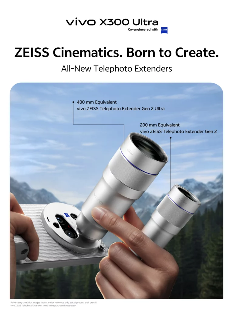 A product showcase poster titled "vivo X300 Ultra, All-New Telephoto Extenders." The central image shows a person's hands holding the smartphone inside a silver camera mount against a background of pine trees and mountains. The person is adjusting a large silver lens attachment labeled "400 mm Equivalent vivo ZEISS Telephoto Extender Gen 2 Ultra". Next to it, a slightly smaller silver lens is shown with a pointer reading "200 mm Equivalent vivo ZEISS Telephoto Extender Gen 2".