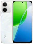 Front and back view of a white vivo Y31d smartphone. The back panel features a faint, wavy texture pattern, a square camera module housing a dual-camera setup in the upper left corner, and the vivo logo at the bottom. The front screen features a hole-punch camera cutout centered at the top and displays a vibrant green and blue abstract wallpaper split diagonally.