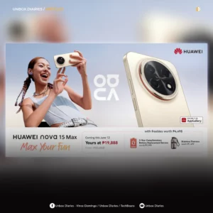 A media screenshot or website feature banner. The image embeds the identical official "HUAWEI nova 15 Max" promotional banner described in HUAWEI~1.webp inside a stylized template. The top of the frame reads "UNBOX DIARIES / ARTICLES" next to a small hexagonal logo. The background behind the banner is heavily blurred, and the very bottom of the graphic includes social media handles for "Unbox Diaries - Vince Domingo / Unbox Diaries / TechBeans" alongside a Facebook and YouTube icon.