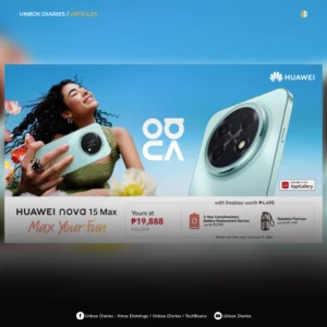 A promotional banner for the HUAWEI nova 15 Max featuring a smiling woman holding a mint green phone next to a large close-up of the phone's rear camera module. The banner includes pricing details "Yours at ₱19,888" and lists freebies, including a 2-Year Complimentary Battery Replacement Service and a Stainless Thermos. The top header reads "Unbox Diaries / Articles."