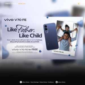 A website screenshot from Unbox Diaries showing an article feature banner. The main graphic is identical to the "Like Father, Like Child" vivo V70 FE promo banner, showcasing the dark blue smartphone and a polaroid photo of a father carrying his daughter on his shoulders. The banner is embedded in a blurred background interface with the top menu reading "UNBOX DIARIES / ARTICLES" and footer links pointing to the Unbox Diaries Facebook and YouTube channels.