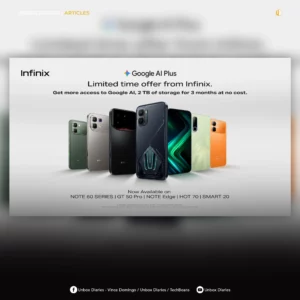 A social media promotional graphic branded by Unbox Diaries showcasing a lineup of six vibrant Infinix smartphones against a clean, light gray backdrop. The header advertises a "Limited time offer from Infinix" featuring 3 months of free access to Google AI Plus and 2 TB of storage. The bottom text specifies that the offer is available on the NOTE 60 Series, GT 50 Pro, NOTE Edge, HOT 70, and SMART 20. The Unbox Diaries watermark and social handles are visible at the top and bottom.