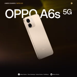 A promotional graphic featuring a close-up of the gold OPPO A6s 5G smartphone angled diagonally against a dark backdrop. Large, bold white text across the top reads "OPPO A6s 5G," with "UNBOX DIARIES / ARTICLES" written in the upper-left corner. Social media attribution links for Unbox Diaries, Vince Domingo, and TechBeans are displayed neatly at the bottom.