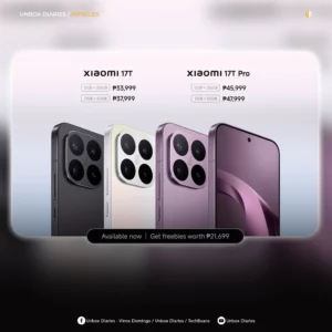 Promotional graphic from Unbox Diaries showing a side-by-side comparison of the Xiaomi 17T and Xiaomi 17T Pro smartphones in various colors (dark gray, silver, and purple). The graphic displays pricing configurations in Philippine Pesos: the Xiaomi 17T starts at ₱33,999 (12GB+256GB), and the Xiaomi 17T Pro goes up to ₱47,999 (12GB+512GB). A black banner at the bottom reads "Available now | Get freebies worth ₱21,699."