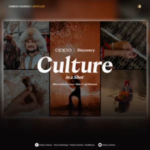 A visual photography collage banner for the "Culture in a Shot" initiative by OPPO and Discovery Channel, set against a dark blurred background. The prominent text overlays the center, reading "Culture in a Shot: Meet Culture Anew, Make Your Moment." The collage contains five panels illustrating diverse cultural traditions: a man in a thick fur hat next to a bird of prey, a close-up of hands pulling threads on a loom, a hand applying wax details onto batik fabric, a silhouetted dancer twirling fire against a dark night, and a person in traditional Day of the Dead attire paddling a boat filled with bright orange marigolds. A header reads "UNBOX DIARIES / ARTICLES," and social media handles are listed along the bottom edge.