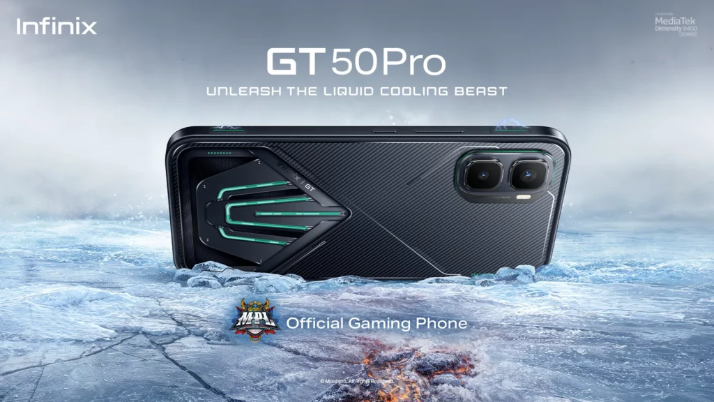 Close-up promotional graphic focusing on the back design of the Infinix GT 50 Pro, resting horizontally on a cracked, icy landscape with frost and mist. The text above reads "GT 50 Pro UNLEASH THE LIQUID COOLING BEAST" with the MediaTek Dimensity 8400 Ultimate logo in the top right corner and the Mobile Legends Professional League (MPL) logo at the bottom alongside the text "Official Gaming Phone". Subtle electric arcs are visible near the top corners of the phone chassis.