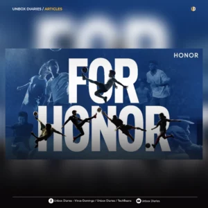 A promotional graphic for the "#ForHONOR" campaign against a dark blue background. Large, bold white text reads "FOR HONOR" in a stacked two-line format. Inside and around the letters, silhouettes and translucent images of diverse young football players are captured in action—kicking, diving, and heading soccer balls. The "HONOR" brand logo is visible in the top right corner.